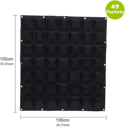 Hanging Planting Grow Bags, 49 Pockets Hanging Vertical Wall Planter Wall Mounted Grow Bag Outdoor Indoor Gardening Vertical Greening Flower Container, Planting Bags Storage Bags(1.0 m × 1.0 m, Black)