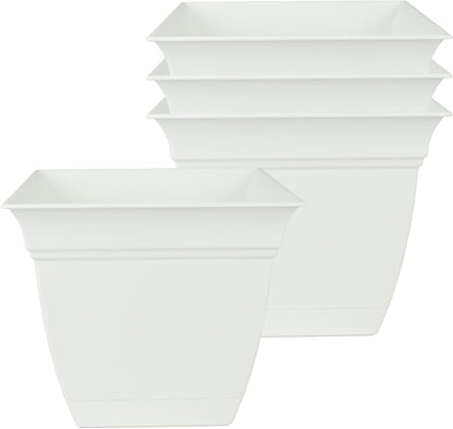 The HC Companies 6 Inch Eclipse Square Planter Pots with Drainage Holes & Attached Saucer, Lightweight UV-Resistant Plastic Indoor Outdoor Planters, 4-Pack Flower Pots for Garden & Home Decor, White