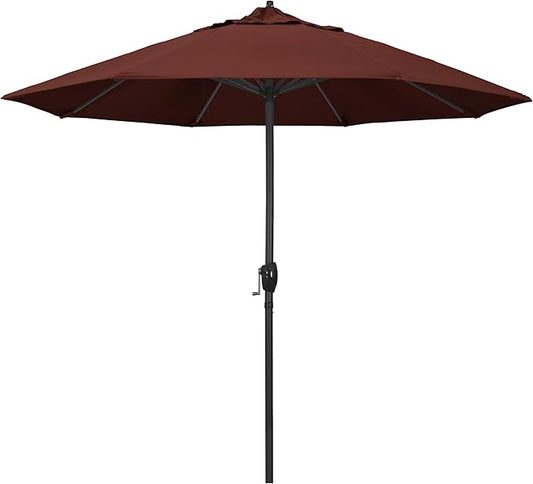 California Umbrella 9' Rd Aluminum Patio Umbrella, Crank Lift, Auto Tilt, Black Finish, Sunbrella Henna