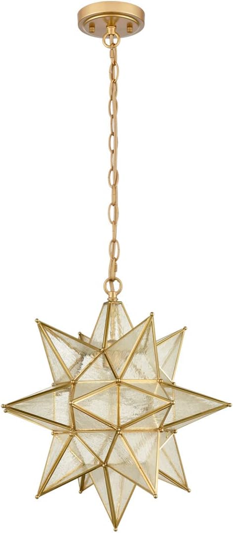 DIRYZON Moravian Star Pendant Light 20-Inch Large Hanging Ceiling Light Modern Gold Finish with Seeded Glass Adjustable Chain