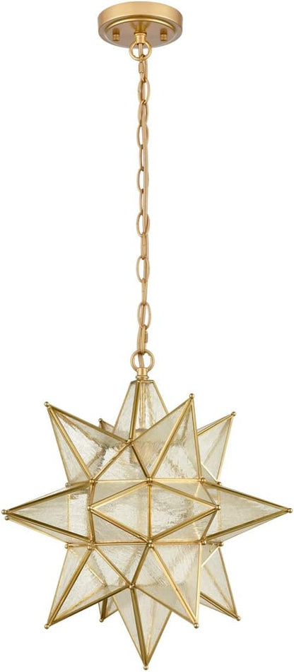DIRYZON Moravian Star Pendant Light 20-Inch Large Hanging Ceiling Light Modern Gold Finish with Seeded Glass Adjustable Chain