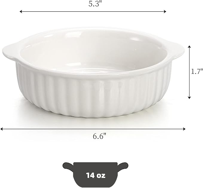 14 oz Porcelain Ramekins Oven Safe, 6 Pack Large Ceramic Creme Brulee Souffle Baking Dishes with Handle, 5 Inch French Onion Soup Bowls for Ramen, Stew, Lava Cakes, Pot Pie, White