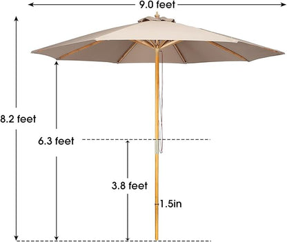 9ft Bamboo Umbrella, Outdoor Patio Umbrella, Waterproof Market Umbrella, 8 Ribs Table Umbrella with Pulley Lift for Garden, Deck, Pool, lawn, Backyard