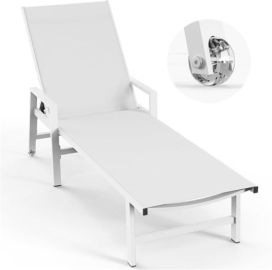 Vexwalx Patio Chaise Lounge Chair Outdoor with Wheels&Armrests, Aluminum Pool Lounge Chairs 5-Position Adjustable Recliner, Outdoor Beach Lounge Chairs for Outside, Patio, Deck, Yard, White