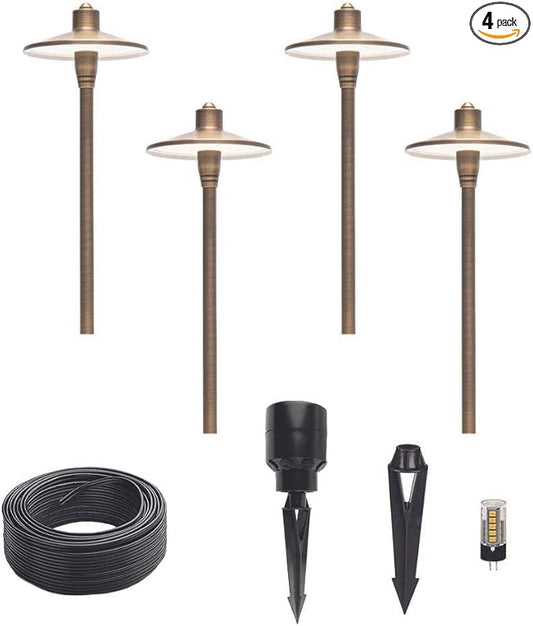 G2 12V Brass Path Light 4-Pack Kit (Bronze) with 3W 2700K Warm White G4 LED Bulbs for Low Voltage Landscape Lighting on Outdoor Pathway, Walkway, Garden, Driveway or Patio