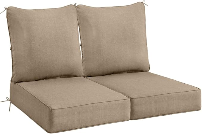 Sundale Outdoor Olefin Deep Seat Cushion Set of 2, Patio Chair Cushion and Pillow, Water-Resistant Sectional Sofa Pad with Straps Khaki, 23 x 26 x 6 Inches