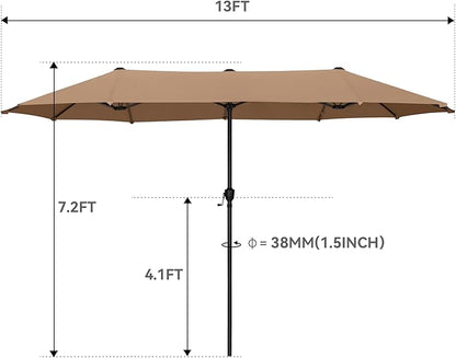 GREEN PARTY 13ft Rectangle Patio Umbrella, Double Sided Outdoor Table Umbrella with Crank & 1.5" Pole, Large Market Umbrella for Poolside Garden Deck Backyard, Tawny