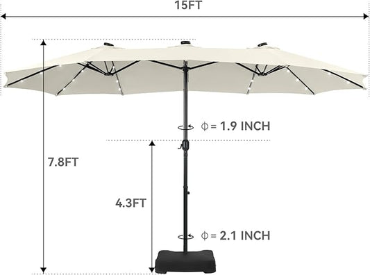 GREEN PARTY 15 ft Rectangle Patio Umbrella with Solar Lights and Base Included, Double-Sided Market Table Umbrella with Crank, Large Outdoor Umbrellas for Patio Poolside Garden Backyard, Ivory