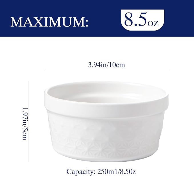 8 oz Creme Brulee Ramekins Oven Safe - Ceramic Baking Bowls Set of 6, Porcelain Souffle Dish, White Snowflake Baking Bowls for Dessert, Pudding, Pie, Tart, Custard, Dipping Sauces