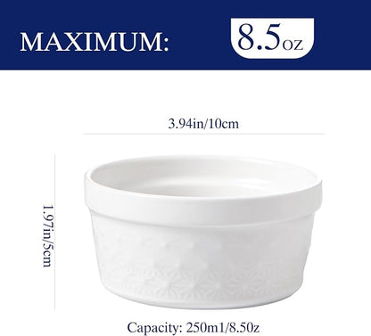 8 oz Creme Brulee Ramekins Oven Safe - Ceramic Baking Bowls Set of 6, Porcelain Souffle Dish, White Snowflake Baking Bowls for Dessert, Pudding, Pie, Tart, Custard, Dipping Sauces