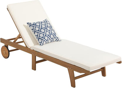 Patiorama Patio Acacia Wood Chaise Lounge, Outdoor Folding Lounge Chair Recliner w/Padded Cushion, Wheels, Adjustable Backrest, Portable Sun Lounger Pool Chair for Deck, Lawn, FSC Certified, Cream