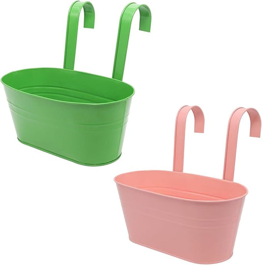 Hanging Planters Set of 2 - Big Modern Green+Pink Outdoor Pots with Sturdy Hooks, Space-Saving Design for Patio, Garden, Balcony - Durable Weather-Resistant Plant Containers
