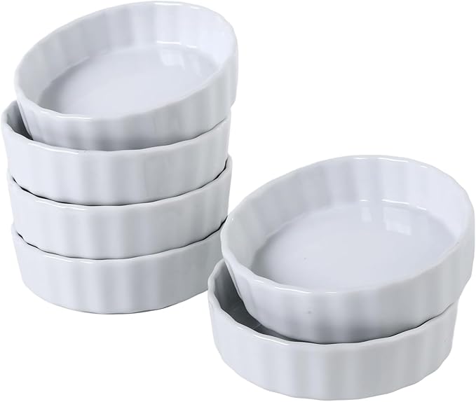 6 Oz Creme Brulee Dishes, Creme Brulee Ramekins Set of 6, Ceramic Brulee Souffles Dishes, Wave Round Ramekins Pie Pan, White Baking Dish for Dessert, Tart, Appetizers, Oven Dishwasher Safe