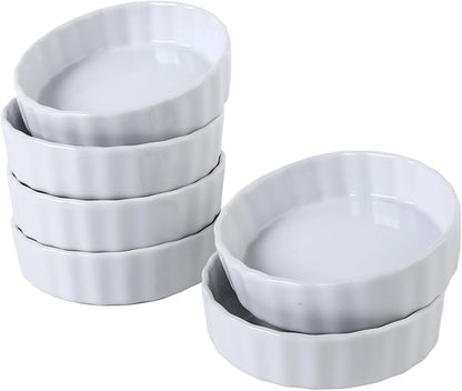 6 Oz Creme Brulee Dishes, Creme Brulee Ramekins Set of 6, Ceramic Brulee Souffles Dishes, Wave Round Ramekins Pie Pan, White Baking Dish for Dessert, Tart, Appetizers, Oven Dishwasher Safe