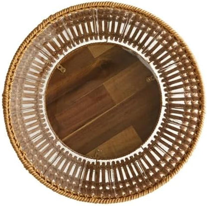 13.2 Inch Round Brown Resin Rattan Planter with Stand - Acacia Wood Legs, Steel Frame, Plastic Insert - Indoor/Covered Outdoor Use (13.5" Diameter x 21.8" H)