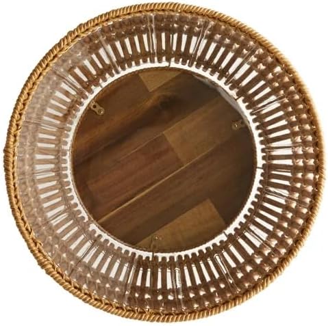 13.2 Inch Round Brown Resin Rattan Planter with Stand - Acacia Wood Legs, Steel Frame, Plastic Insert - Indoor/Covered Outdoor Use (13.5" Diameter x 21.8" H)