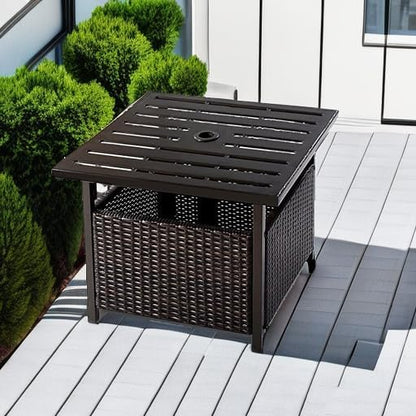 Giantex Outdoor Side Table with Umbrella Hole, 22" Wicker Umbrella Stand Holder and Base, Weather-Resistant PE Rattan Patio End Table for Deck Garden Poolside, Mix Brown (Metal Tabletop)