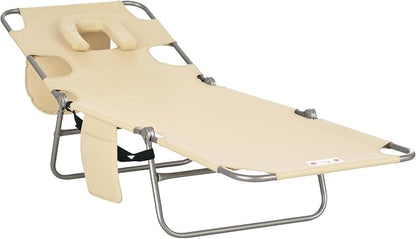 Outsunny Chaise Lounge Chair Outdoor with Face Arm Hole, 5-Position Reclining Face Down Tanning Chair with Carry Strap, Side Pocket, Portable Folding Bed Cot for Patio Beach Pool, Beige