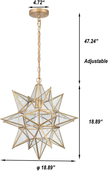 DIRYZON 20 Inch Gold Large Moravian Star Pendant Light Mid Century Clear Glass Hanging Pendant Light for Kitchen Bedroom Porch