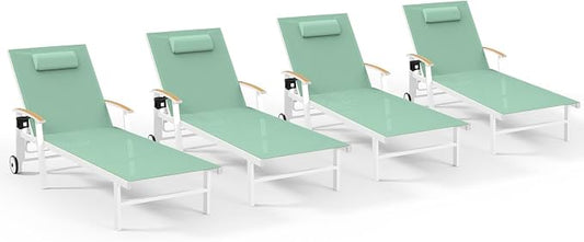 Ciokea Outdoor Lounge Chair with Pillow Set of 4, 5-Position Chaise Lounge with Wheels & Armrests, 400 lbs Heavy Duty Aluminum Pool Lounge Chairs, for Beach, Deck, Poolside & Backyard, Light Green
