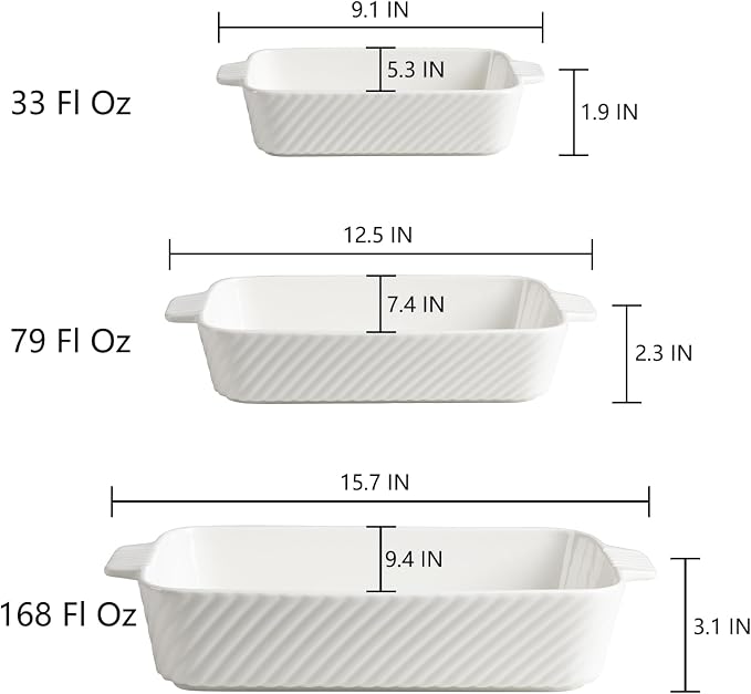 Sweejar Ceramic Baking Dish Set, Cake Baking Dish for Brownie, Porcelain Striped Casserole Dishes for Oven with Handle for Lasagna, Family Dinner(Beige)