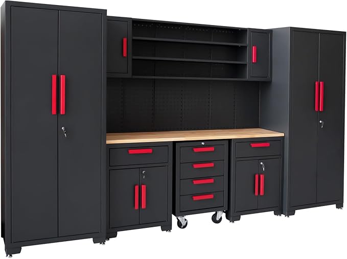 Red Garage Cabinet Storage System 9-Pcs Workshop Set Garage Cabinet and Storage System for Tool Organization