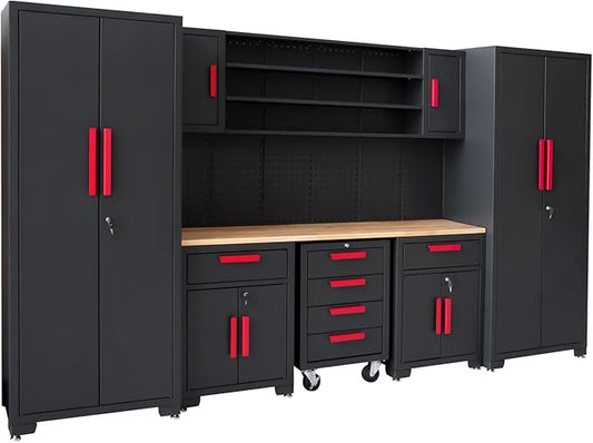 Red Garage Cabinet Storage System 9-Pcs Workshop Set Garage Cabinet and Storage System for Tool Organization