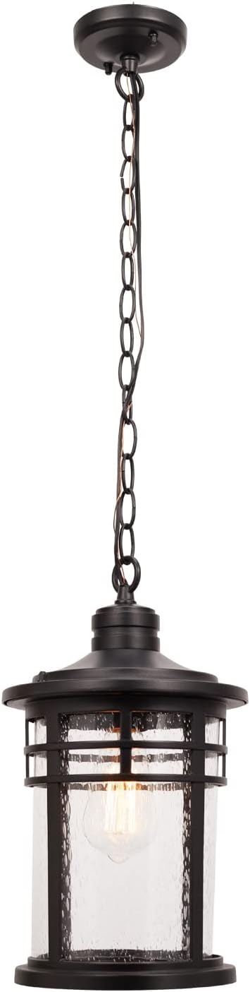 Darkaway Large Outdoor Pendant Lights, 15inch Outdoor Chandelier Hanging Porch Lights Outside Ceiling Mount Aluminum with Seeded Glass for Front Door Gazebo Patio (Large, Black)