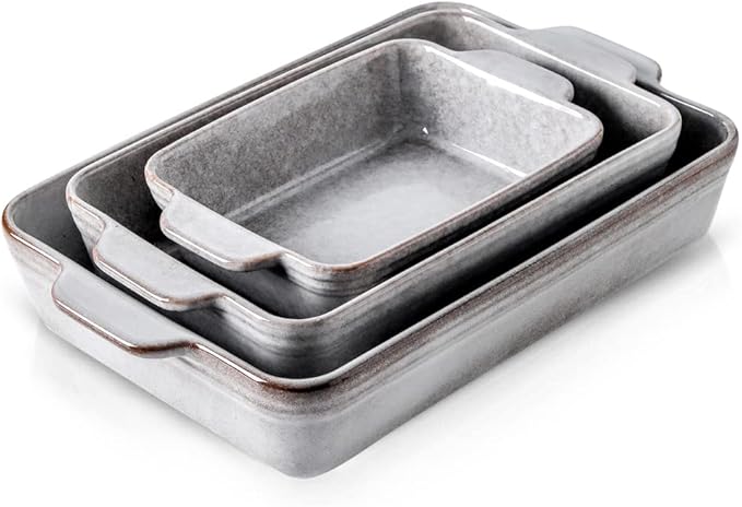 KOOV Bakeware Set, Ceramic Baking Dish Set, Rectangular Casserole Dish Set, Lasagna Pan, Baking Pans Set for Cooking, Cake Dinner, Kitchen, 9 x 13 Inches, Reactive Glaze 3-Piece, Variable Grey