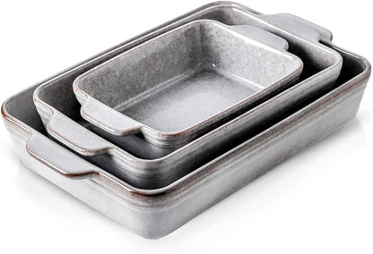 KOOV Bakeware Set, Ceramic Baking Dish Set, Rectangular Casserole Dish Set, Lasagna Pan, Baking Pans Set for Cooking, Cake Dinner, Kitchen, 9 x 13 Inches, Reactive Glaze 3-Piece, Variable Grey
