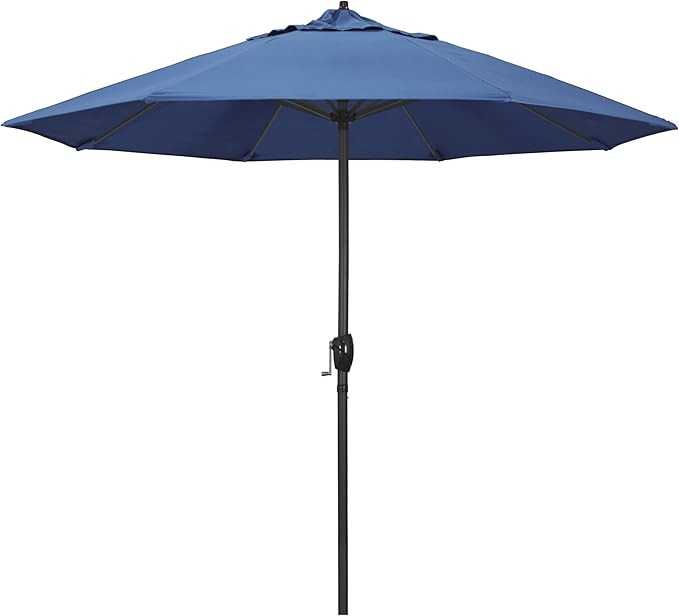 California Umbrella 9' Rd Aluminum Patio Umbrella, Crank Lift, Auto Tilt, Black Finish, 4yr Fade Warranty, Frost Blue
