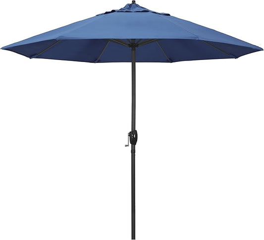 California Umbrella 9' Rd Aluminum Patio Umbrella, Crank Lift, Auto Tilt, Black Finish, 4yr Fade Warranty, Frost Blue