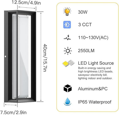 2Packs LED Outdoor Wall Lights,Dimmable Exterior Wall Sconce 16",3000K / 4000K / 6000K,IP65 Waterproof,Modern Black Outside Light for Porch,Garage,Entrance,Hallway,Patio,Garden,House(2Packs)