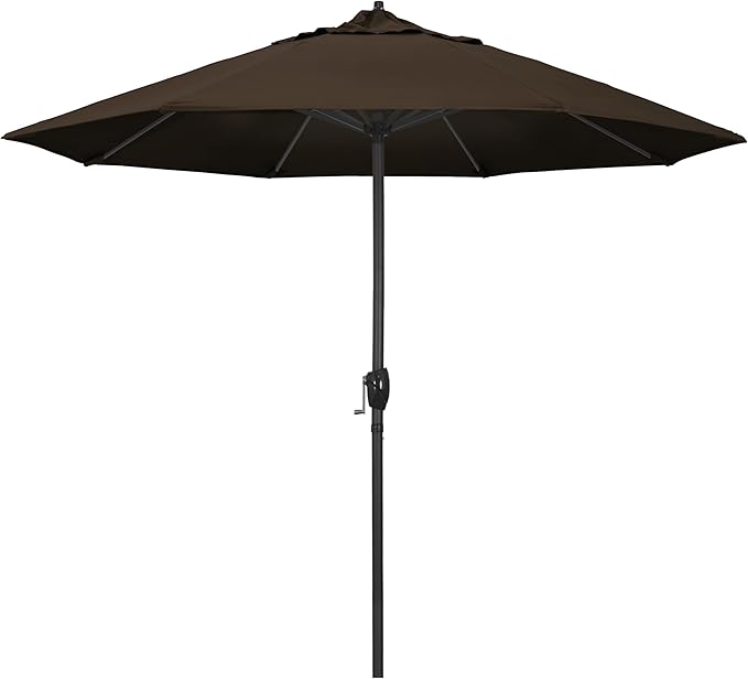 California Umbrella 9' Rd Aluminum Patio Umbrella, Crank Lift, Auto Tilt, Black Finish, 4yr Fade Warranty, Mocha