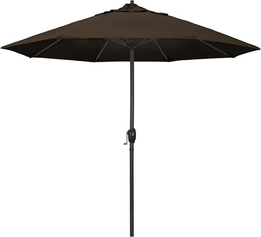 California Umbrella 9' Rd Aluminum Patio Umbrella, Crank Lift, Auto Tilt, Black Finish, 4yr Fade Warranty, Mocha