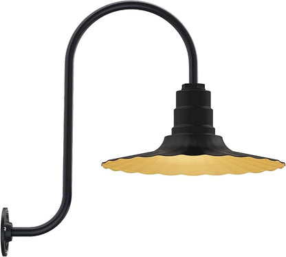 Steel Lighting Co. Highland Park Barn Light | Outdoor Wall Mounted | 16 inch Radial Wave | Upslope Gooseneck | Vintage Style Made in America | Matte Black Exterior/Brass Interior