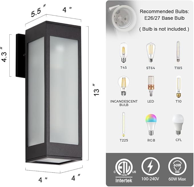 Cerdeco 13 Inches Outdoor Wall Light Modern Outdoor Wall Sconce,Aluminum Black Porch Sconce Wall Mounted Lighting with E26 Socket and 3 Side Frosted Glass[ETL Listed]