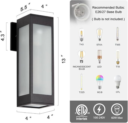 Cerdeco 13 Inches Outdoor Wall Light Modern Outdoor Wall Sconce,Aluminum Black Porch Sconce Wall Mounted Lighting with E26 Socket and 3 Side Frosted Glass[ETL Listed]