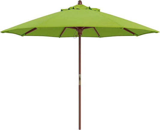 California Umbrella 9' Premium Commercial Hardwood Patio Umbrella, Manual Lift With Sunbrella Macaw Fabric