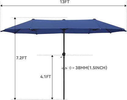 GREEN PARTY 13ft Rectangle Patio Umbrella, Double Sided Outdoor Table Umbrella with Crank & 1.5" Pole, Large Market Umbrella for Poolside Garden Deck Backyard, Haze Blue