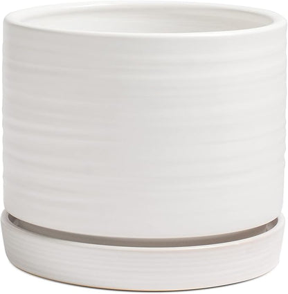 HERDUK 8 Inch Pots for Plants, Ceramic Planter Pot with Drainage Hole & Saucer, Indoor/Outdoor Cylinder Round Planter Pot, Matte White