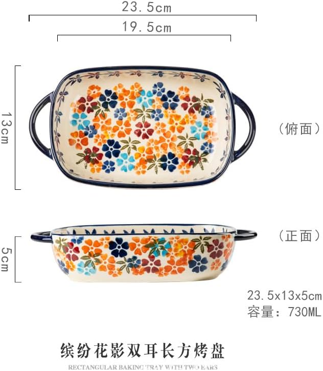 Ceramic Baking Dish with Handles, Hand-painted Polish Pottery Baking Dish Set of 2,Baking Pan Lasagna Pan, Rectangular, Floral Pattern, Oven Safe, 13.22x7.5x2.8 Inch (orange)