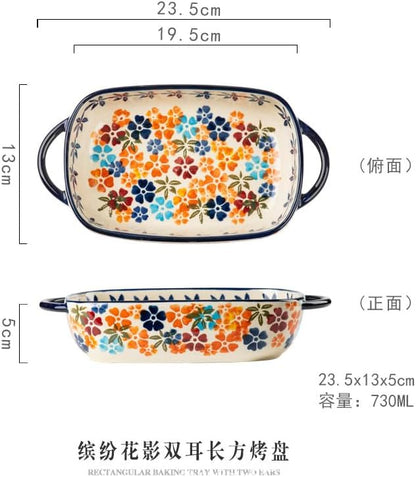 Ceramic Baking Dish with Handles, Hand-painted Polish Pottery Baking Dish Set of 2,Baking Pan Lasagna Pan, Rectangular, Floral Pattern, Oven Safe, 13.22x7.5x2.8 Inch (orange)