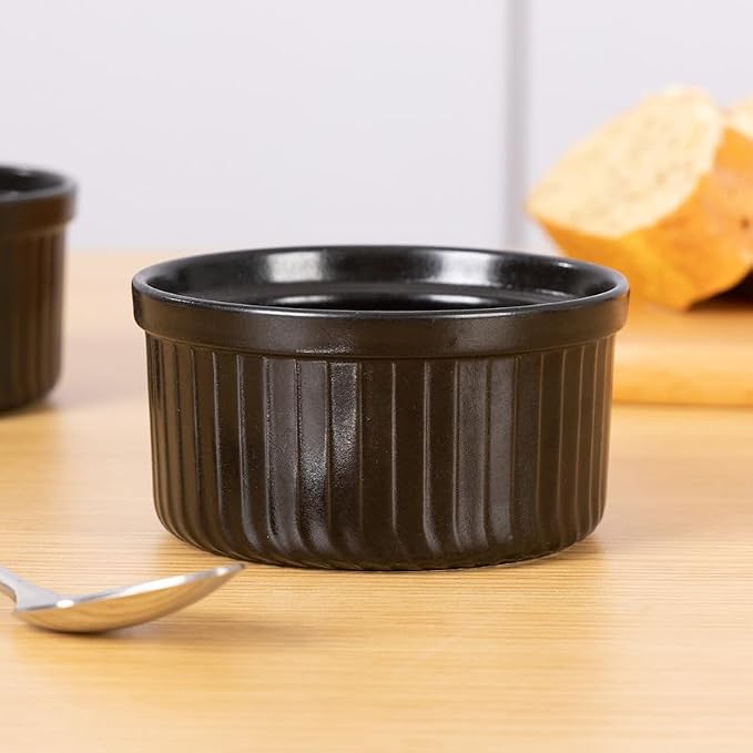 Yachi Ramekins Black, 6 oz Ceramic Set of 6 Stoneware Bakeware for Souffle Sauces Dipping Onion Soup Lava Cake Flan Creme Brulee Kit Pudding Mini Custard Oven Safe