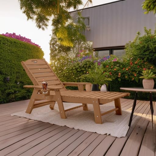 Chaise Lounge for Outdoor, Patio Lounge Chairs for Outside, Chaise Lounge Chair with 6 Positions, HDPE Lounge Chair with Cup Holder for Pool Poolside Deck Backyard Lawn, Teak
