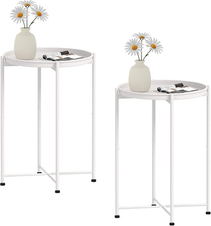 Garden 4 you Small Side Table, White Mini Round End Table, Tray Table with Metal Frame, Modern Nightstand for Living Room, Bedroom, Patio, Small Space, 2pcs