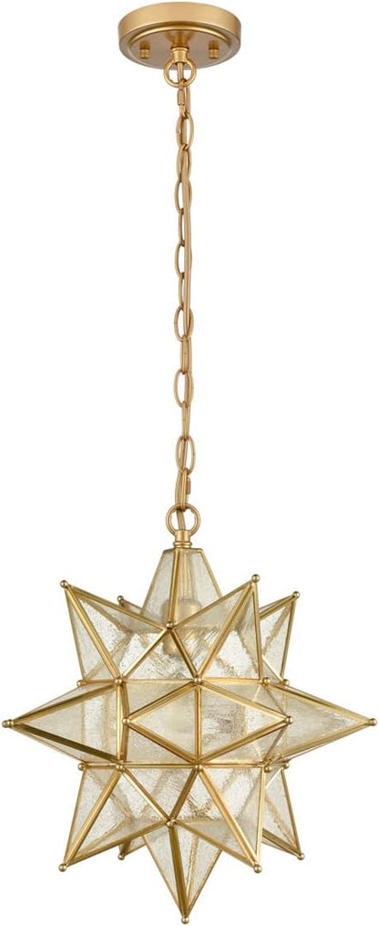 DIRYZON Modern Gold Moravian Star Pendant Light for Kitchen Island 16-Inch Hanging Ceiling Light Seeded Glass Single Pendant Light with Chain