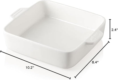 Sweejar Ceramic Baking Dish, 8 x 8 Cake Baking Pan for Brownie, Porcelain Square Bakeware with Double Handle for Casserole, Lasagna, Family Dinner (White)