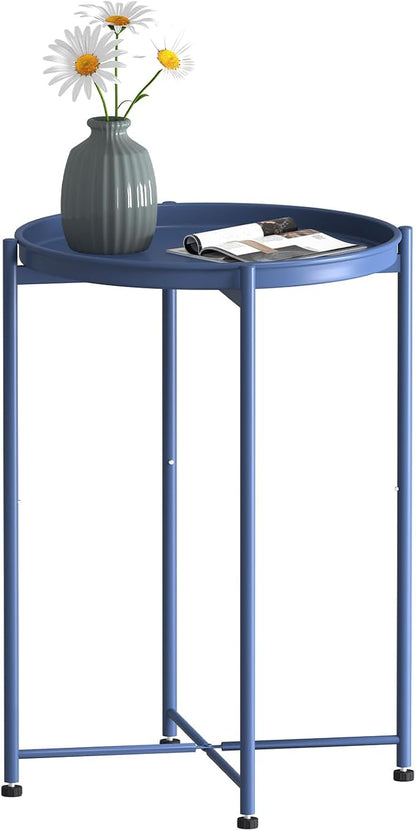 Garden 4 you Small Side Table, Blue Mini Round End Table, Tray Table with Metal Frame, Modern Nightstand for Living Room, Bedroom, Patio, Small Space, 1pcs