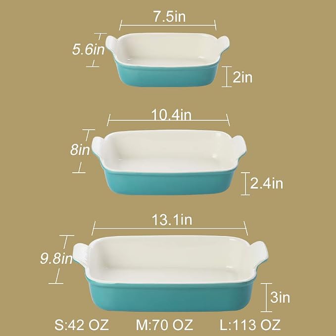 Sweejar Baking Pans Set, Ceramic 9x13 Baking Dish with Handle, Rectangular Casserole Dishes for Oven, Bakeware Sets of 3, Durable Lasagna Pan Deep for Kitchen, Banquet, Wedding Gift(Beige)